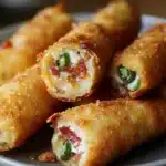Mini jalapeño popper egg rolls served on a platter with dipping sauce.
