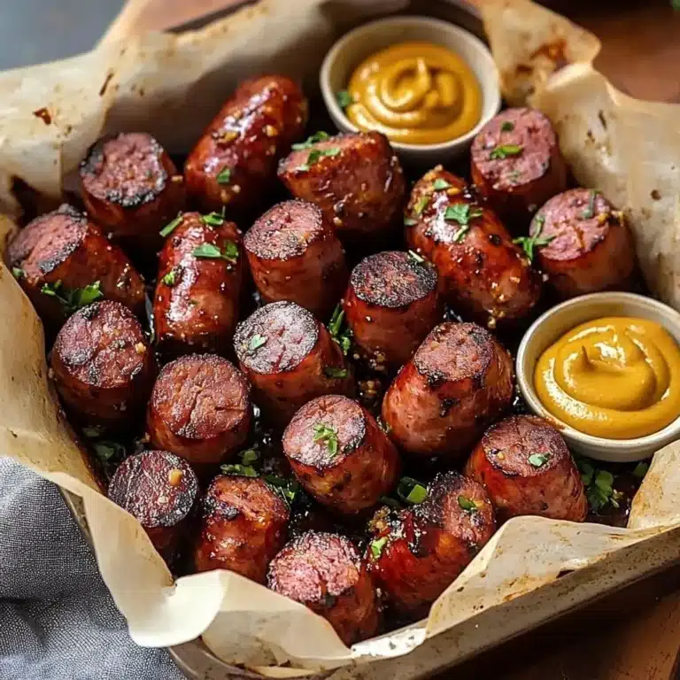 Mustard Hasselback Kielbasa Bites served on a platter