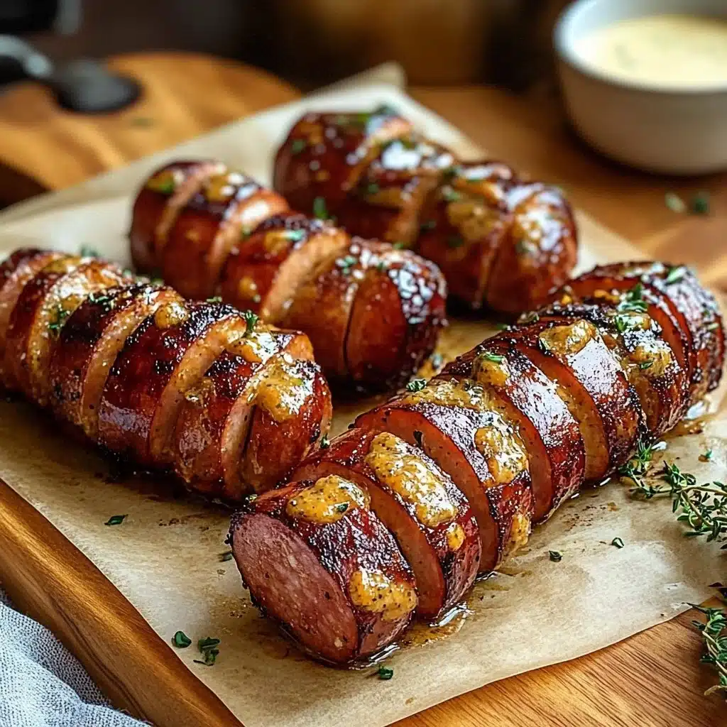Mustard Hasselback Kielbasa Bites