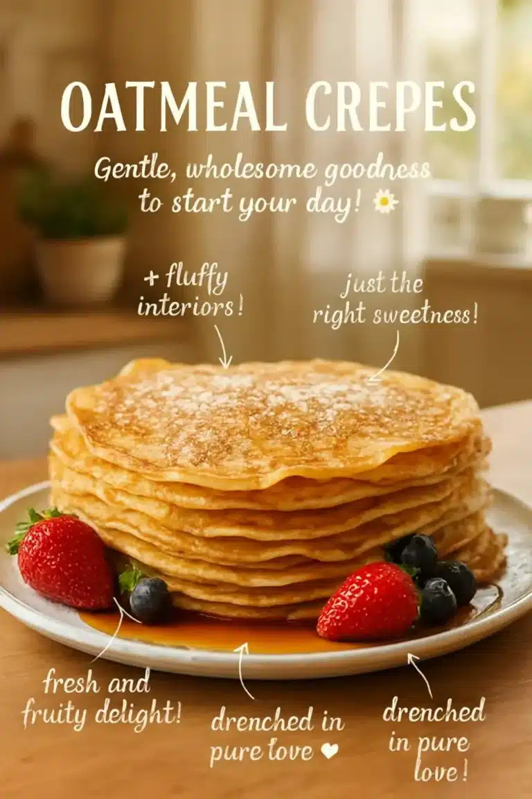 Delicious oatmeal crepes served with fresh fruit and syrup