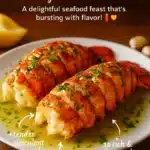 Perfectly broiled lobster tails with lemon garlic butter on a plate