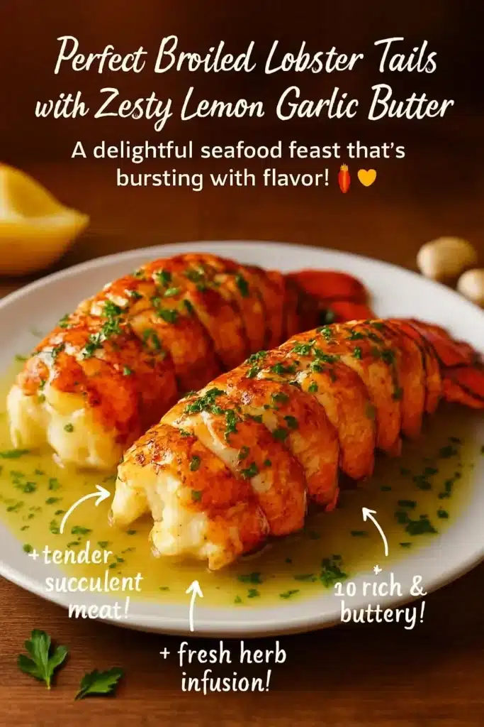 Perfectly broiled lobster tails with lemon garlic butter on a plate