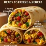 Healthy protein-packed breakfast burritos ready to freeze and reheat.