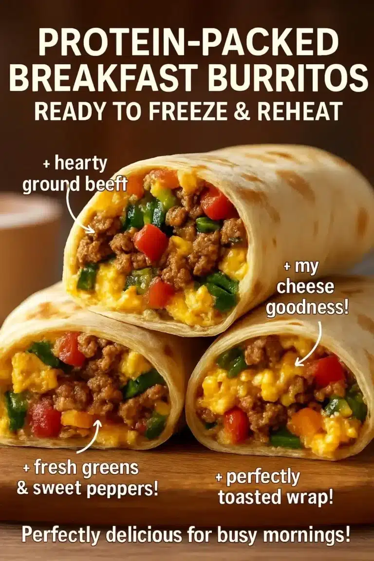 Healthy protein-packed breakfast burritos ready to freeze and reheat.