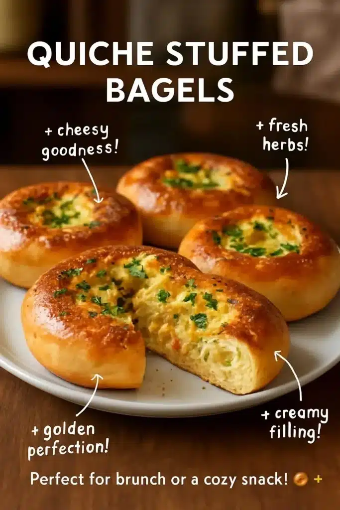 Delicious quiche stuffed bagels ready to be served for breakfast.
