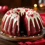 Red Velvet Bundt Cake with cream cheese frosting on a rustic table