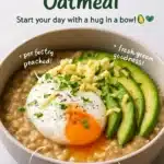 Bowl of savory avocado oatmeal topped with herbs and spices.