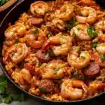 Shrimp and sausage jambalaya served in a bowl with herbs and spices