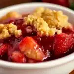 Freshly baked strawberry cobbler topped with a golden crust on a rustic table