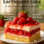 Delicious Strawberry Earthquake Cake with colorful strawberries and cream topping.
