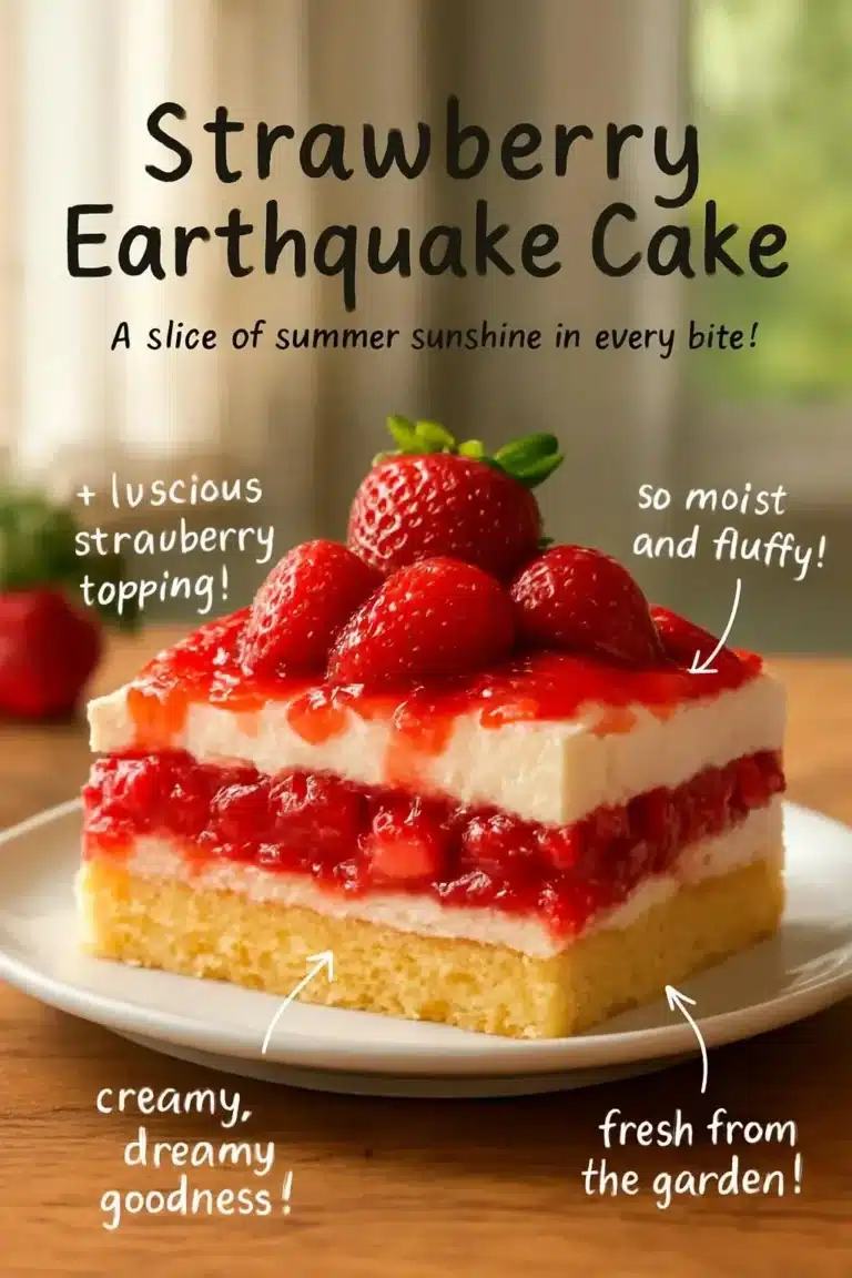 Delicious Strawberry Earthquake Cake with colorful strawberries and cream topping.