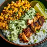 Street Corn Chicken Rice Bowl with grilled chicken, corn, and rice served in a bowl