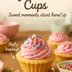 Sugar cookie cups topped with frosting and sprinkles on a wooden table