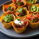 Taco Cups filled with ground beef, cheese, and toppings in crispy shells.