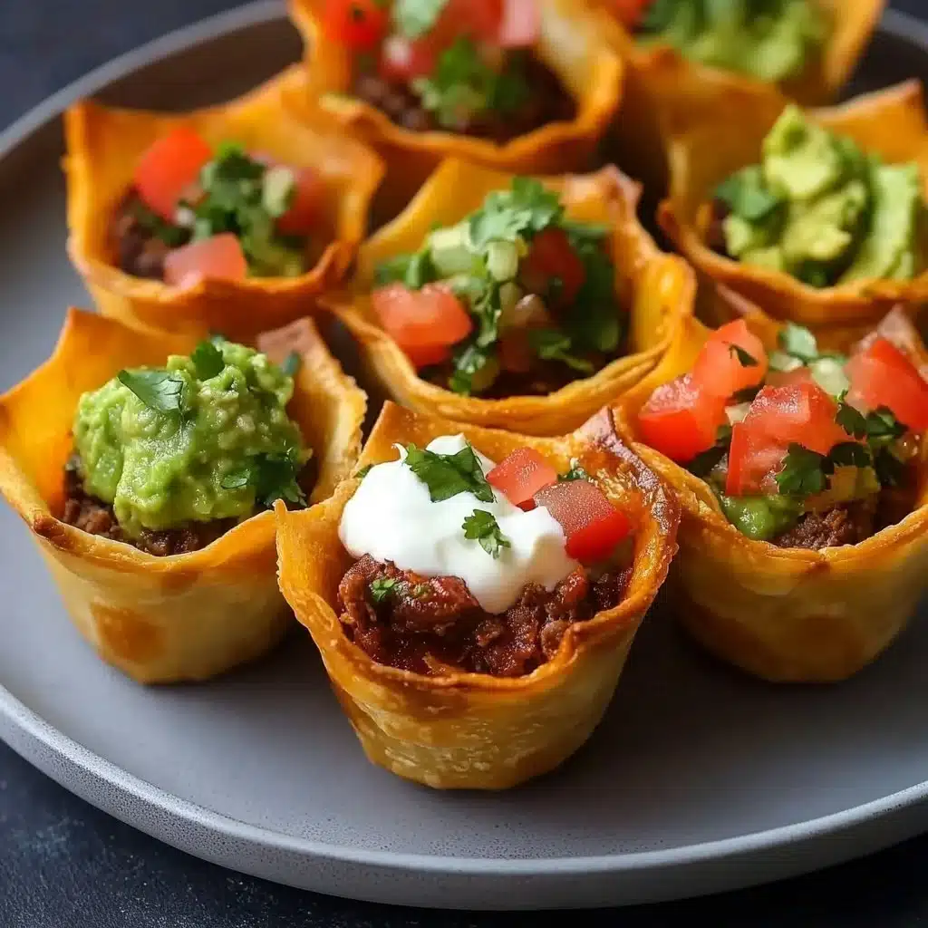 Taco Cups filled with ground beef, cheese, and toppings in crispy shells.