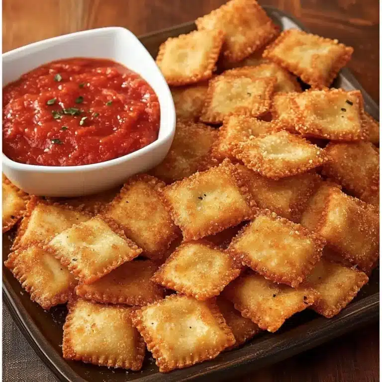 Plate of crispy toasted ravioli bites served with marinara sauce