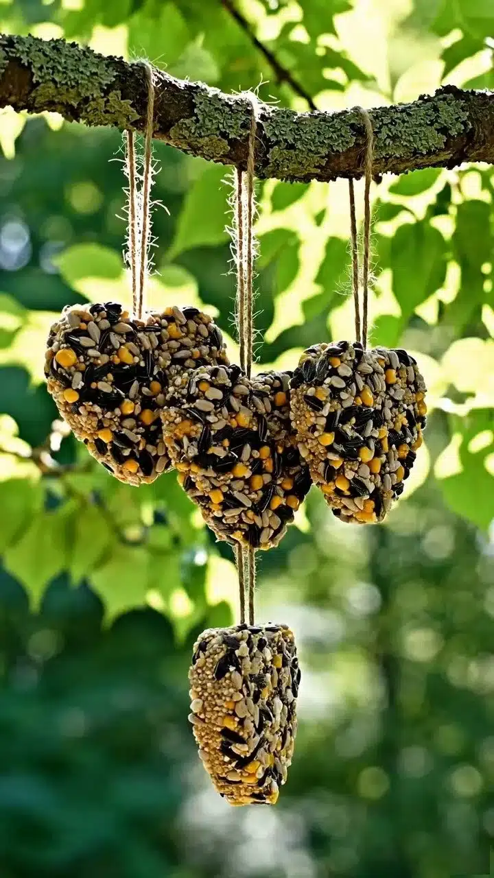 Valentine-themed bird seed feeders enhance nature and attract colorful birds.