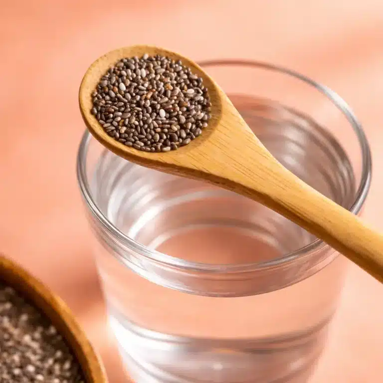 Chia seed internal shower drink recipe with lemon and water in a glass.