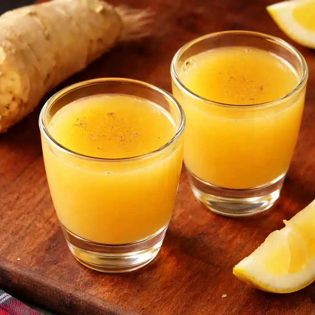 Homemade ginger shot made with fresh ginger, lemon juice, and honey in a glass.