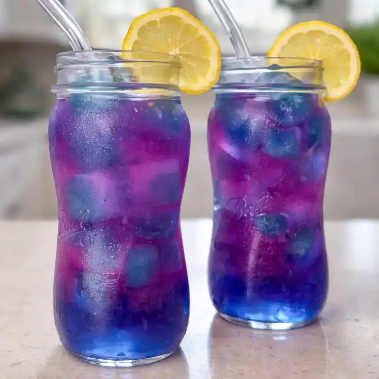 Color-changing butterfly pea tea lemonade in a glass with lemon slices.