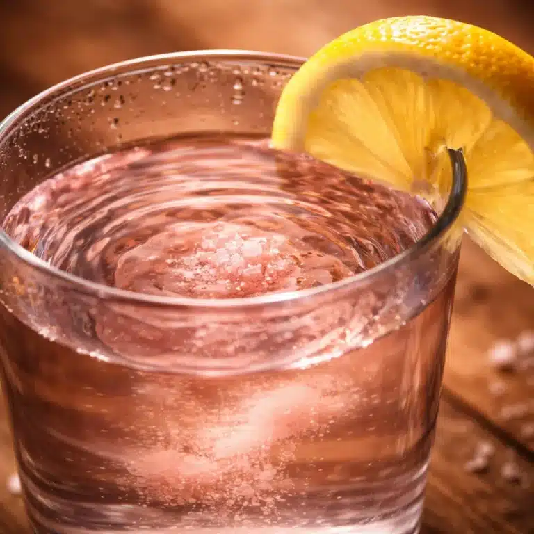 Glass of warm water with pink Himalayan salt and lemon for weight loss morning ritual.