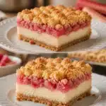 Delicious rhubarb cream cheese bars freshly baked and served on a plate.