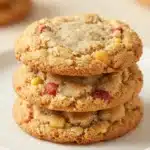 Batch of freshly baked brown sugar rhubarb cookies on a cooling rack.