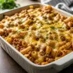 Cheesy Taco Pasta Bake topped with melted cheese and colorful toppings