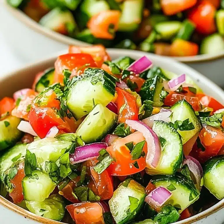 A bowl of Classic Italian Cucumber Salad garnished with herbs and spices.