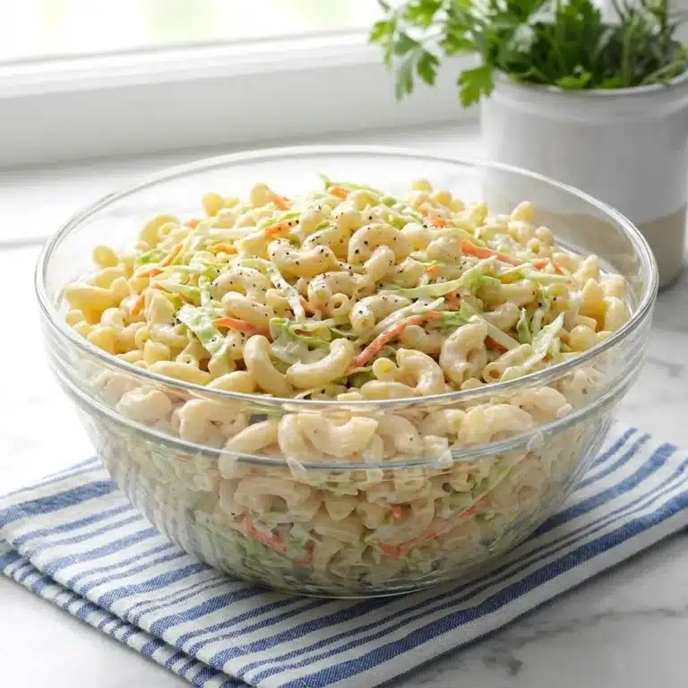Creamy pasta salad with coleslaw dressing served in a bowl