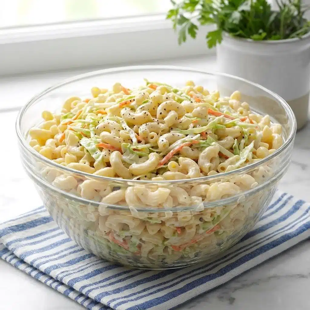 Creamy pasta salad with coleslaw dressing served in a bowl