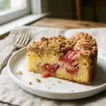Slice of creamy rhubarb custard cake on a plate with fresh rhubarb