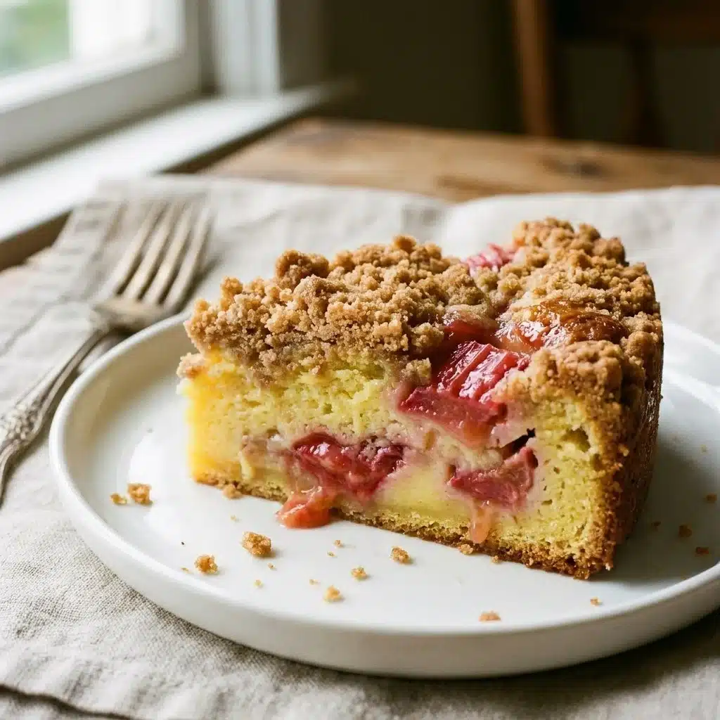 Slice of creamy rhubarb custard cake on a plate with fresh rhubarb