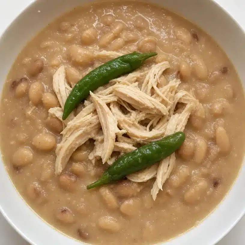 Delicious creamy white chicken chili in a slow cooker served with toppings