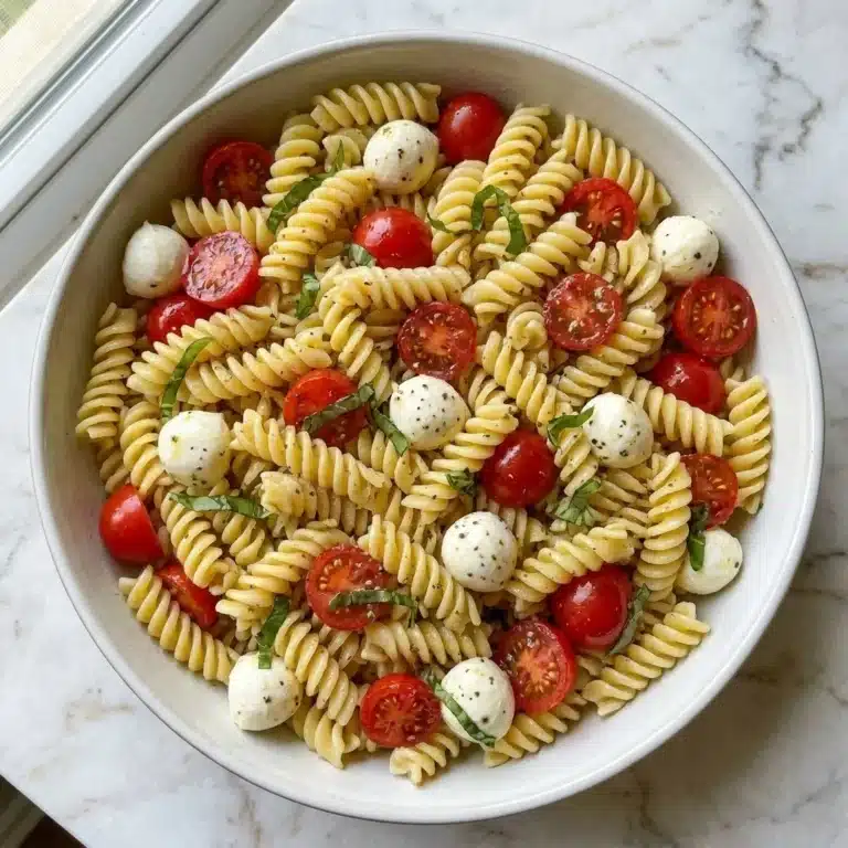 Creamy tomato mozzarella basil pasta salad in a bowl with fresh basil leaves