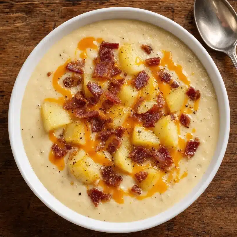 Delicious bowl of Crockpot Loaded Baked Potato Soup topped with cheese and bacon