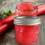 Homemade rhubarb jelly in jars ready for canning