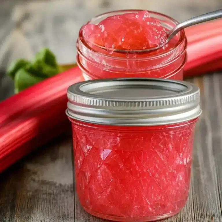 Homemade rhubarb jelly in jars ready for canning