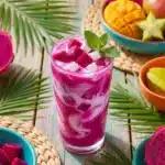 Healthy dragon fruit smoothie in a glass with vibrant colors and fresh toppings.
