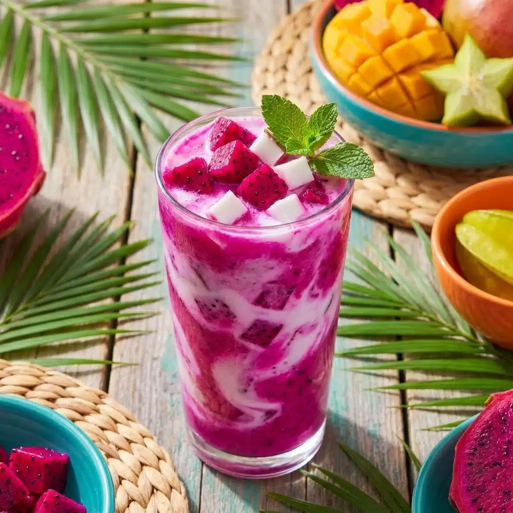Healthy dragon fruit smoothie in a glass with vibrant colors and fresh toppings.