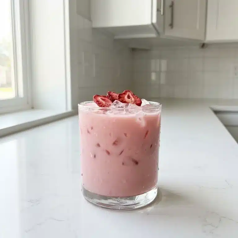 Healthy pink drink recipe with fresh fruits and ingredients