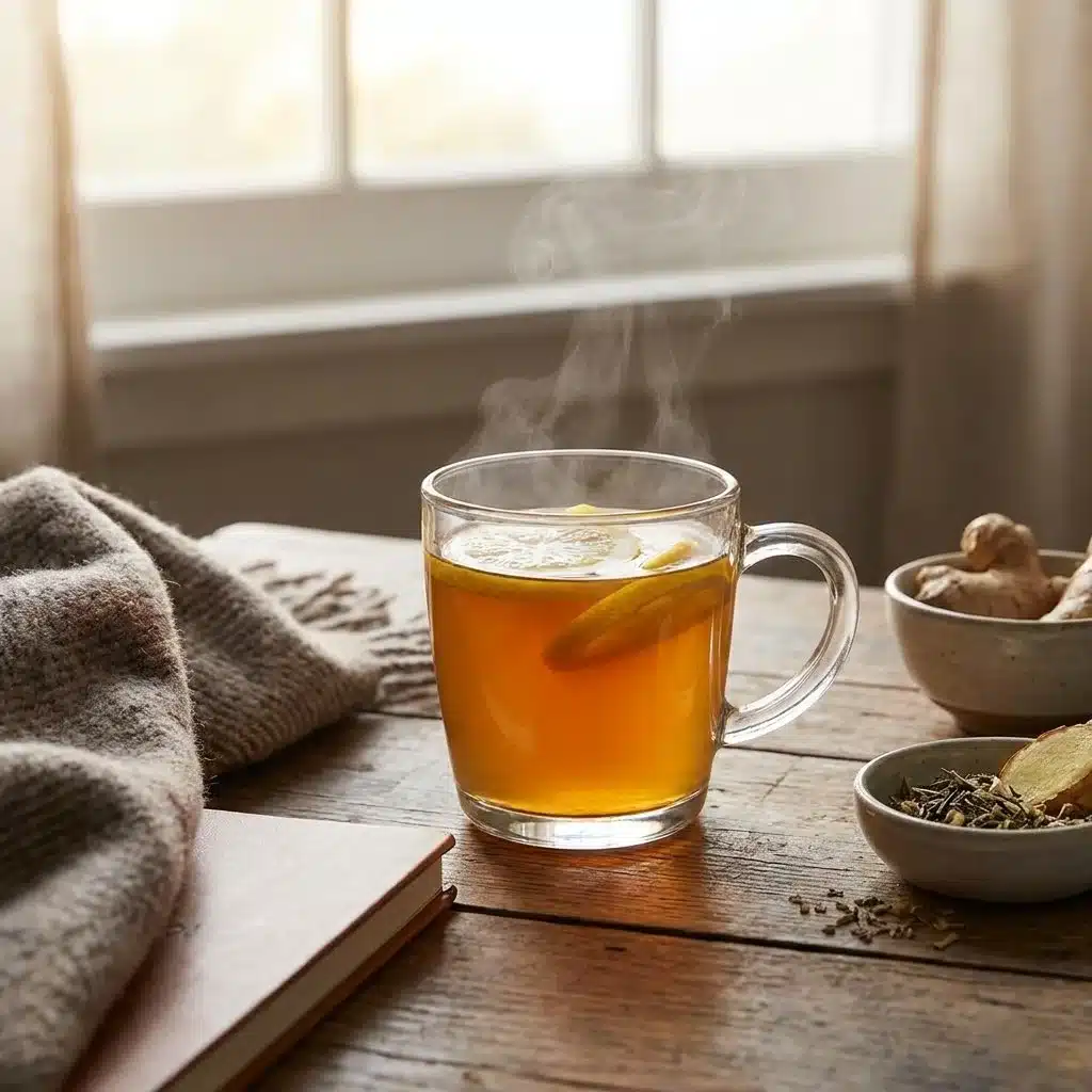 Hot apple cider vinegar drink with lemon and cayenne pepper in a mug