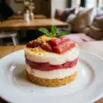 Delicious layered rhubarb pudding served in a glass dish