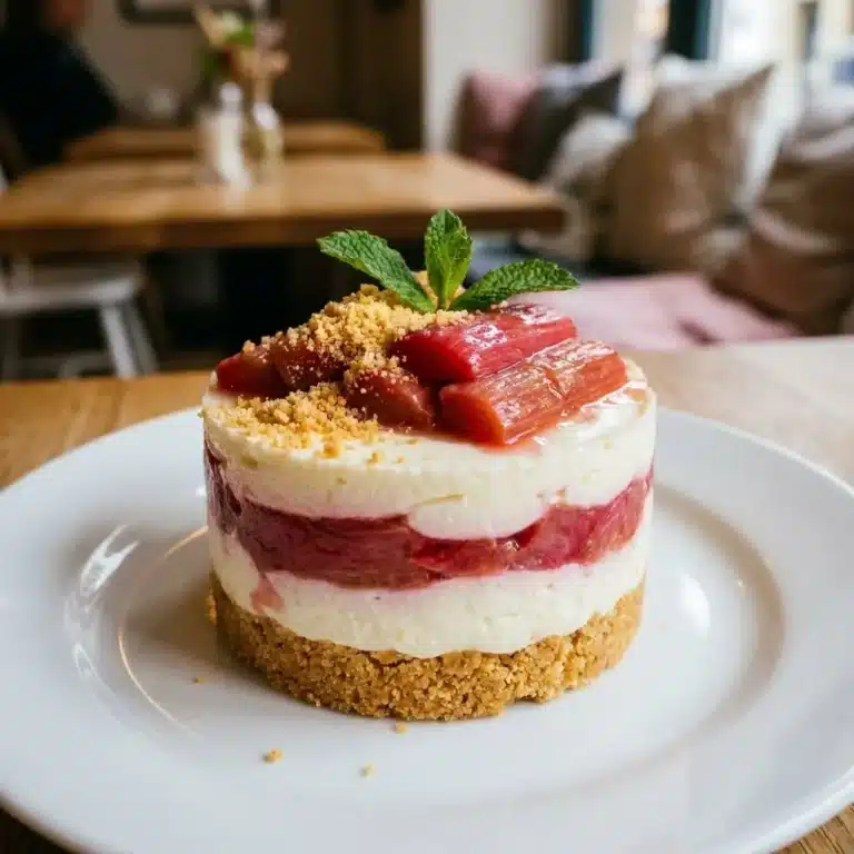 Delicious layered rhubarb pudding served in a glass dish