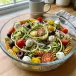 Low-carb zoodle pasta salad with fresh vegetables and Italian dressing