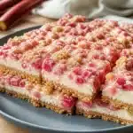 Delicious no-bake rhubarb bars served on a summer day.