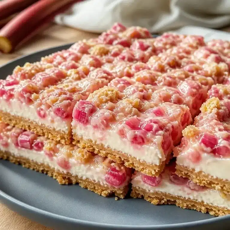 Delicious no-bake rhubarb bars served on a summer day.