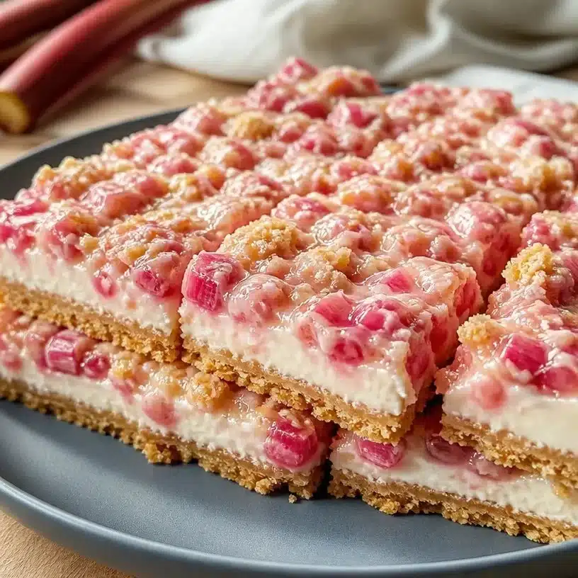 Delicious no-bake rhubarb bars served on a summer day.