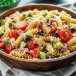 Colorful bowl of pasta salad with fresh vegetables and herbs