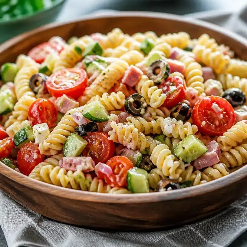 Colorful bowl of pasta salad with fresh vegetables and herbs